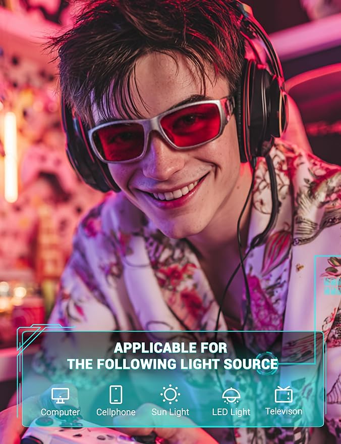 TIJN Sonia Sleep Glasses for Blue & Green Light Blocking,Red Lens with Dual AR Coating,Wraparound Frame for Gaming Screen