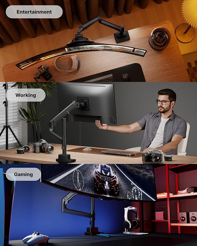 monTEK Heavy-Duty Single Monitor Arm for 17-57 inch, up to 59.4lbs Ultrawide Screens,Gas Spring Dual Curved Adjustable Monitor Stand for Desk,75/100mm VESA Mount with USB，Black