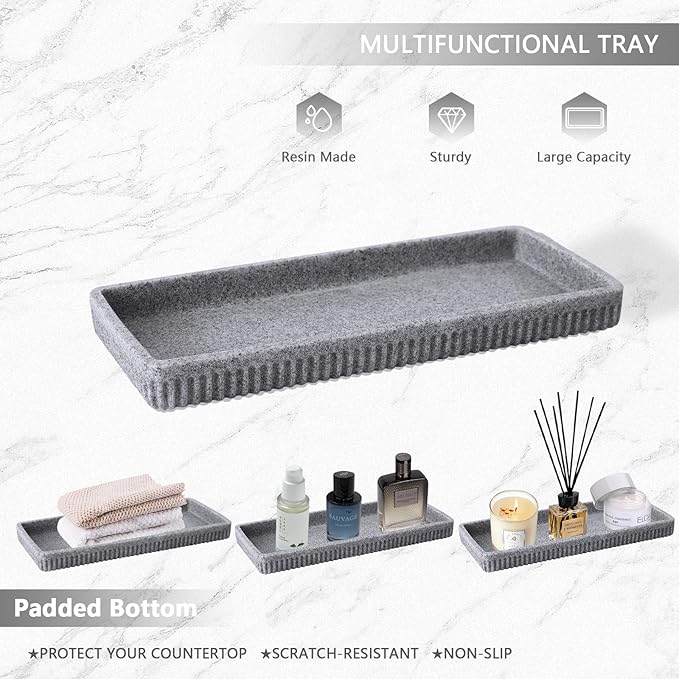 Resin Grey Bathroom Accessories Set 5 Pcs, Lotion Soap Dispenser, Toothbrush Holder, Bathroom Tumbler, Qtip Holder and Vanity Tray, Bathroom Countertop Organizer Set for Modern Home Apartment
