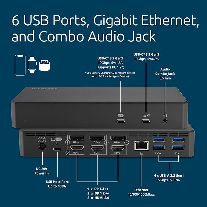 Kensington DisplayLink 4K Docking Station, Triple 4K for MacBook Pro/Air M1/M2/M3/M4, 14ports, 3xHDMI/3xDisplayPort,4xUSB A,2xUSB C 3.2, Ethernet, Audio, 100W PD (K33621NA)