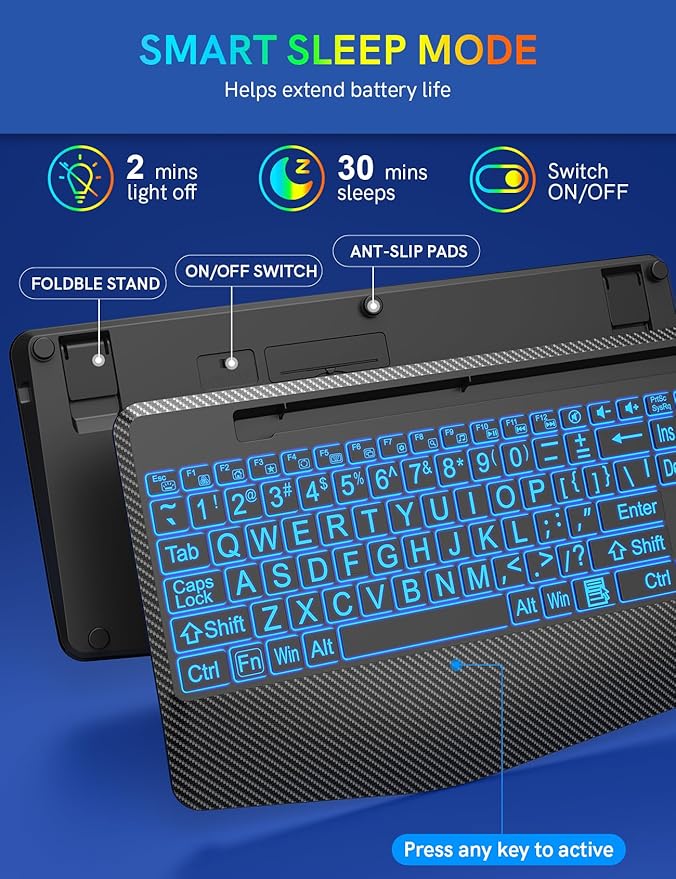 Wireless Keyboard with 7 Colored Backlits, Wrist Rest, Phone Holder, Rechargeable Ergonomic Computer Keyboard with Silent Keys, Full Size Lighted Keyboard for Windows, Mac, PC, Laptop (Large Print)