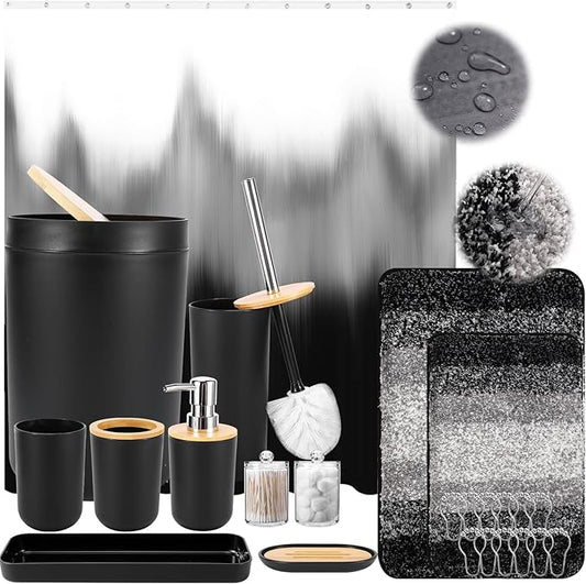 iMucci Bathroom Accessories Black Bathroom Sets with Shower Curtain and Rug, Black Ombre Waterproof Shower Curtain with Ultra Absorbent Rug Bathroom Accessories Set for Home Decor