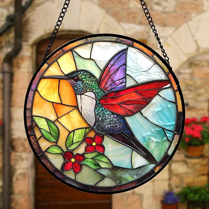 Stained Glass Window Hanging, Hummingbird Gifts Sun Catchers Diamond Glass Panel Hangings Birds Suncatcher Decor for Birthday for Women, Men, Wife, Aunt,and Mom 7.8X7.8IN