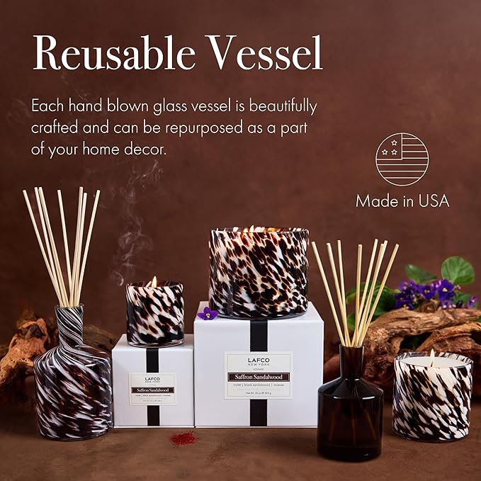 LAFCO New York Signature Reed Diffuser, Saffron Sandalwood - 15 oz - Up to 9 Months Fragrance Life - Reusable, Hand Blown Glass Vessel - Natural Wood Reeds - Made in The USA
