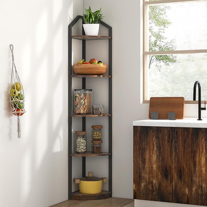 Fun Memories 5 Tier Corner Shelf, 70” Corner Shelf Stand, Corner Bookshelf Plant Stand, Storage Shelf for Bathroom, Living Room, Kitchen,Home Office, Brown