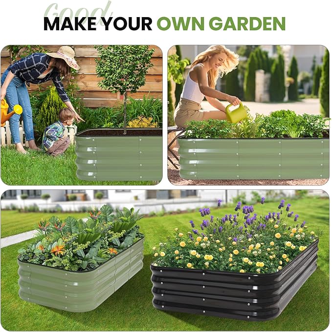 G GOOD GAIN 3-in-1 Adjustable Raised Garden Bed Kit | Galvanized Planter Boxes for Vegetables, Flowers | 12" Tall, Multiple Sizes (4x2x1ft, 3x3x1ft, 5x1x1ft) | Outdoor Metal Raised Bed, Green