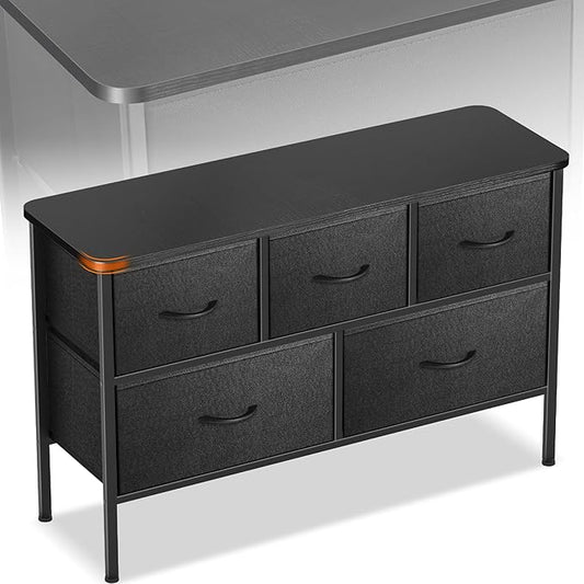 Curved Profile Dresser for Bedroom, Chest of Drawers, 5 Storage Drawers Organizer Unit, Black Dresser with Fabric Bins for Closet, Living Room, Kid Room (Charcoal Black)