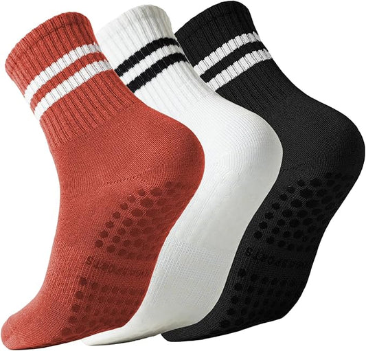 Pilates Socks with Grips for Women Grippy Non Slip Crew Socks for Yoga Barre Hospital Striped 3 Pairs