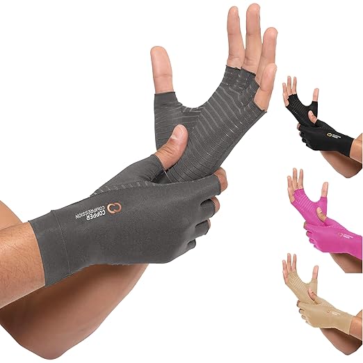 Copper Compression Arthritis Gloves | Fingerless Arthritis Carpal Tunnel Pain Relief for Men & Women | Hand Support Wrist Brace for Neuropathy, Rheumatoid, Tendonitis, Swelling, Crocheting, Typing Grey S