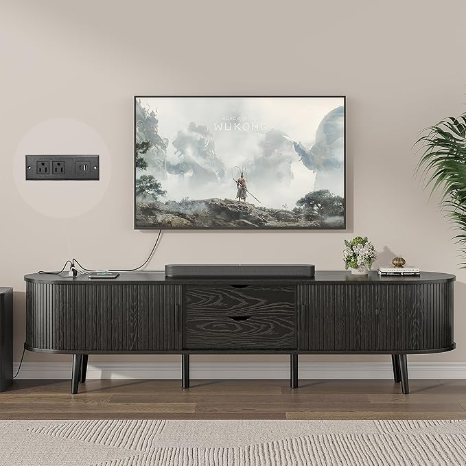 Alohappy 69" Mid Century Modern TV Stand with Power Outlet, Farmhouse Curved Edge TV and Media Console Table with Drawer and Shelf, Fluted Entertainment Center for Living Room, Bedroom, Black