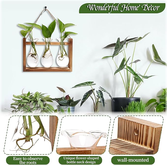 Glass Plant Propagation Station Bulb Planter Vase with Wooden Stand Birthday Gifts for Women Mom Plant Lovers Office Home Decoration