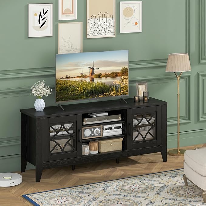 Tangkula Farmhouse TV Stand for TVs Up to 65-in, Classic Media Entertainment Center w/Glass Door Cabinets & 4 Adjustable Shelves, Modern TV Console Table w/ 3 Cable Holes for Living Room (Black)