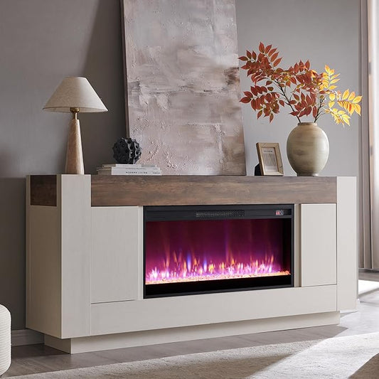 OKD Modern 70" Fireplace TV Stand with 36" Electric Fireplace, Entertainment Center for TVs Up to 80", Media Console with Side Cabinets, Thick Wood Design for Living Room, Antique White