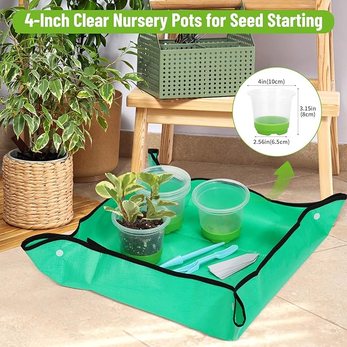 Caffox 57PCS Reusable Seed Starter Kit Includes 26 Packs 4" Clear Nursery Pots with Silicone Base, Repotting Mat, Gardening Gloves, Plant Labels and Seedling Tools for Easy Transplant
