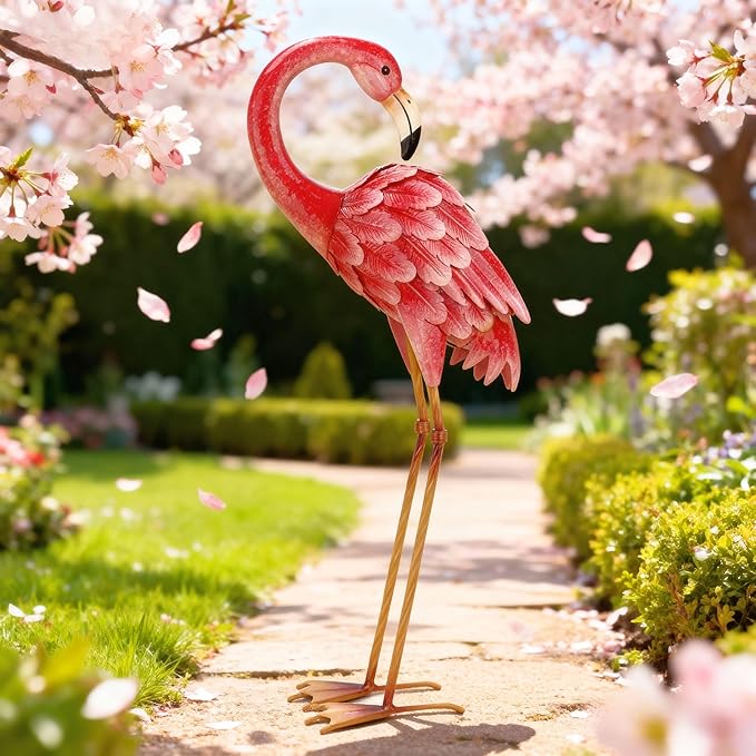 Shorayn Garden Statues Flamingo Sculptures Metal Yard Art, Pink Bird Art Outdoor Backyard Decor Patio Lawn Porch Ornament Flamingo Yard Decoration
