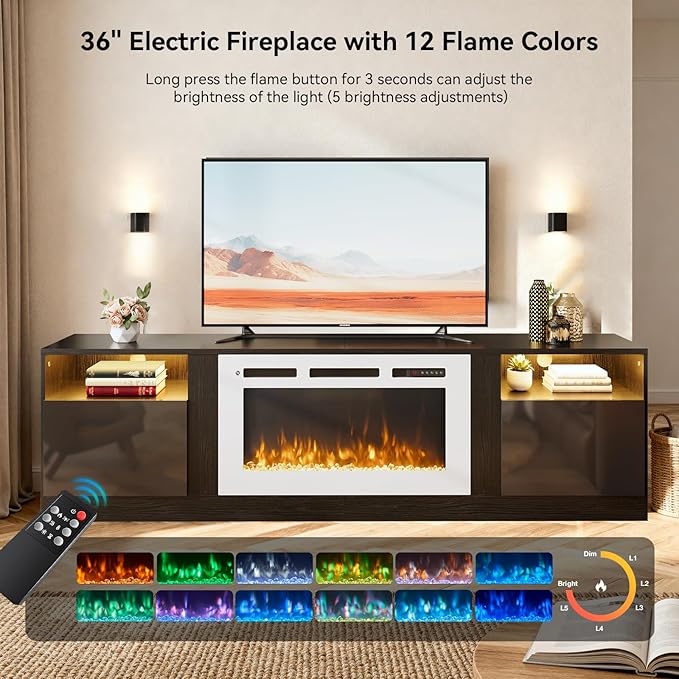 70" TV Stand with 36" Electric Fireplace, Large Modern Media Entertainment Center with Storage Cabinet and 12 Colors LED Lights for TVs Up to 80",Black & White