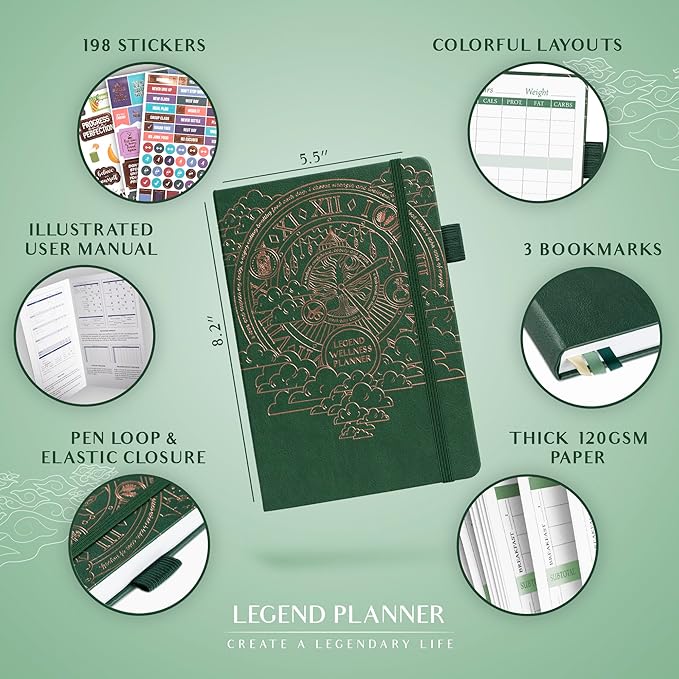 Legend Wellness Planner & Food Journal – Daily Diet & Health Journal with Exercise & Weight Loss Tracker – Nutrition Diary, 6 Months (Forest Green)
