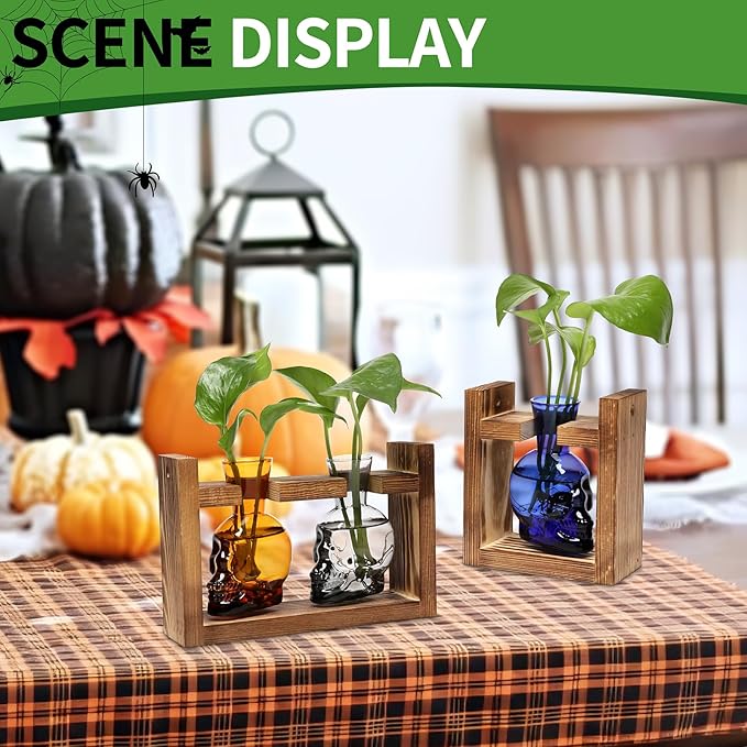 2+1 Plant Terrarium Plant Propagation Station Gifts for Father Halloween Skull Home Office Decor with Wooden Stand