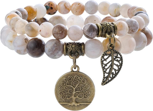 Bivei Natural Semi Precious Gemstone beads bracelet for women - Life Tree and Leaf Charm Energy Reiki Crystal Stretch Bracelets