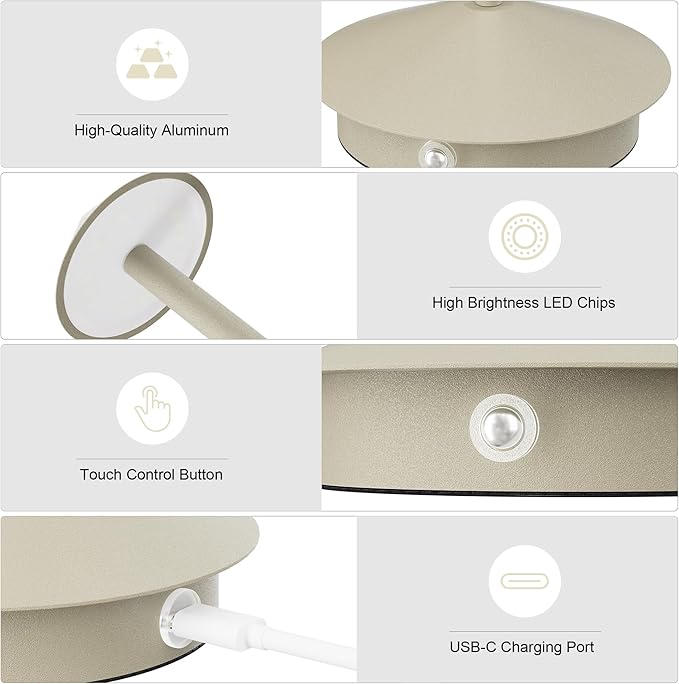 2-Pack 6000mAh Rechargeable Led Table Lamp Cordless,3000K-6000K Stepless Dimming Touch Lamps with Memory Function,IP54 Waterproof Aluminum Table Light for Outdoor/Bars/Restaurant/Patio(Beige)