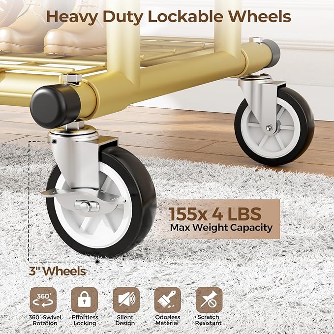 Heavy Duty Clothes Rack, Rolling Clothing Racks With Shelves Load 620 LBS, Double Rod Clothing Racks for Hanging Clothes, Portable& Adjustable Clothes Rack with Wheels Garment Rack,Gold