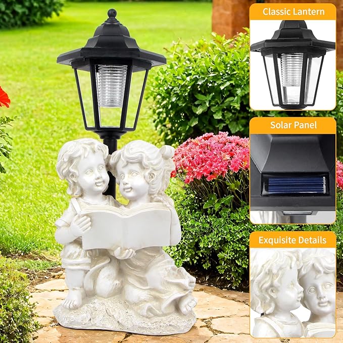Garden Boy&Girl Decor Outdoor, Outdoor Statues with Solar Powered Lantern for Outside Patio Yard Backyard Gifts for Mother's Day Birthday Housewarming