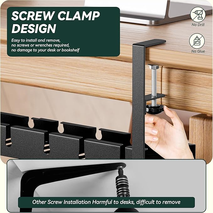 Under Desk Cable Management Tray, Extendable 11.2" to 21.6" Cable Management Under Desk Tray, No Drill with Clamp for Home Office
