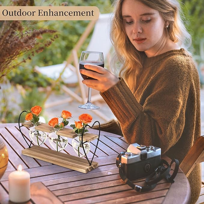 takfot Plant Propagation Station with Wood Stand, Terrarium Tabletop Glass Planter for Hydroponics Air Plants Home Decor, Plant Holder Lover for Mother Family Women 3 Heart Shaped Vase