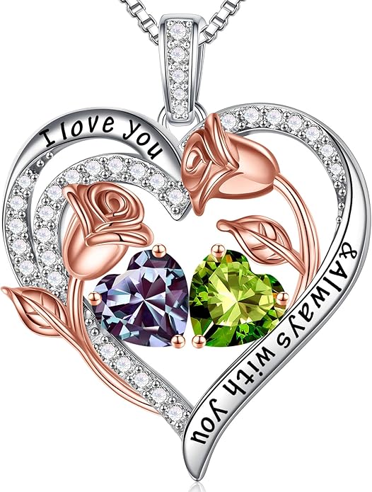 Iefil Birthstone Necklace for Women - 925 Sterling Silver Rose Heart Birthstone Necklace Birthday Anniversary Jewelry Gifts for Her Wife Mom Daughter