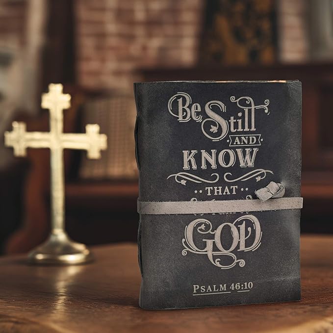 LEATHER VILLAGE Vintage Leather Journal with Psalm 46:10 Bible Verse–13''x8'' Embossed Prayer Study Journal for Women & Men – 200 Pages Handmade Cotton Deckle Edge Watercolor Paper - Grey Paper