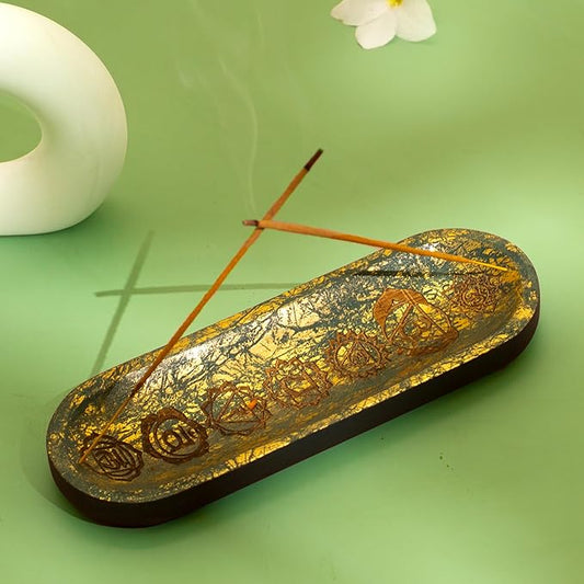 Hand Carved Incense Holder-Incense Burner/Ash Catcher/Handmade Wooden Insence Tray – Modern Gift Home/Room/Seven Chakra Blue Gold Kitchen Décor Size 11x4x1.5 Inches