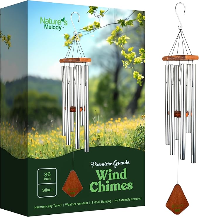 Nature’s Melody Premiere Grande Tunes Wind Chimes – Outdoor Windchime with 6 Tubes Tuned to E Pentatonic Scale, Rustproof Aluminum, Beech Wood & S Hook Hanger for Sympathy, Memorial Gift or Zen Garden