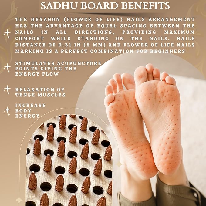 TENGRY Sadhu Board, Specially Crafted Aluminum & Copper Nails, Light Nail Board, 0.31 IN (8 mm), Beginners, Hexagon, Slim Sadhu Wood Board for Standing on Nails, Acupuncture Foot Massage, Yoga Gift