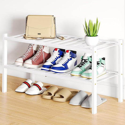 Smiry Shoe Rack, 2 Tier Bamboo Shoe Organizer, Stackable Free Standing Wooden Shoe Storage Shelf for Closet, Entryway, Front Door Entrance, White