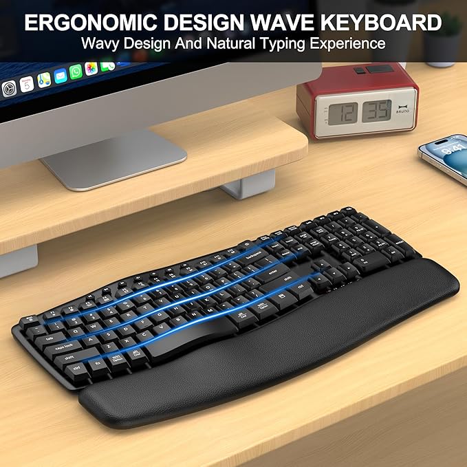 EDJO Wireless Keyboard,2.4G USB/Bluetooth Dual-Channel Connection, Full Size Wave Keys Ergonomic Keyboard with Soft Wrist Rest for Windows, Mac OS Desktop/Laptop/PC(Black)