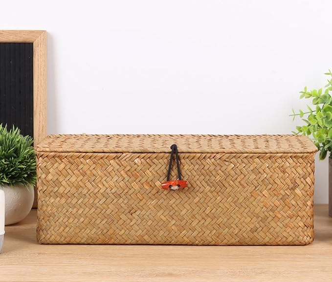 Wicker Shelf Baskets with Lid,Rectangular Seagrass Woven Storage Baskets with Dividers for Bathroom Organizer Small Bins Home Decor (Natural)