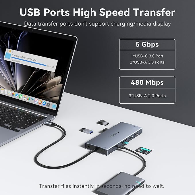 ZMUIPNG USB C Laptop Docking Station with 2 HDMI 4K@60Hz+DP 8K@30Hz 15 in 1 USB C Hub Triple Display Multiple Adapter Dongle with USB A Port+Button+PD+Ethernet+SD/TF+Audio for Dell HP Thinkpad Surface