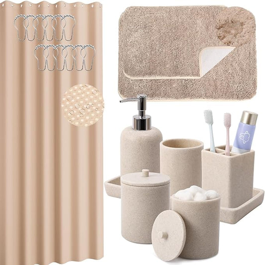 21 Pcs Bathroom Accessory Set with Waterproof Shower Curtain and Non Slip Mat,Resin Bath Set with Toothbrush Holder and Lotion Soap Dispenser,Bathroom Countertop Organizer Set for Home Apartment