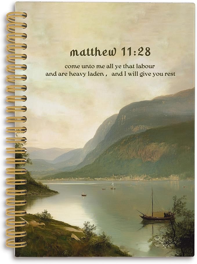 Mountain Lakeside Christian Spiral Notebook, Matthew 11:28 Bible Verse Journal, Religious Notebooks for School Work, Christian Office Supplies, Bible Gifts for Women Men, 5.5x8.3 Inch