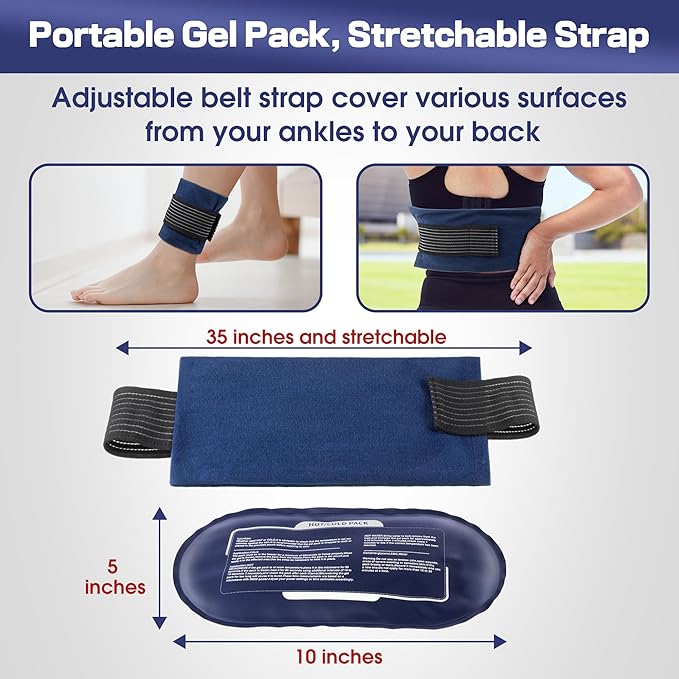 Ice Packs for Injuries Reusable, 4 Pack Hot and Cold Gel Packs and 2 Pack Adjustable Flexible Gel Wraps for Back Shoulders Arms Knees and Legs Injury Recovery, Alleviate Joint and Muscle Pain Relief
