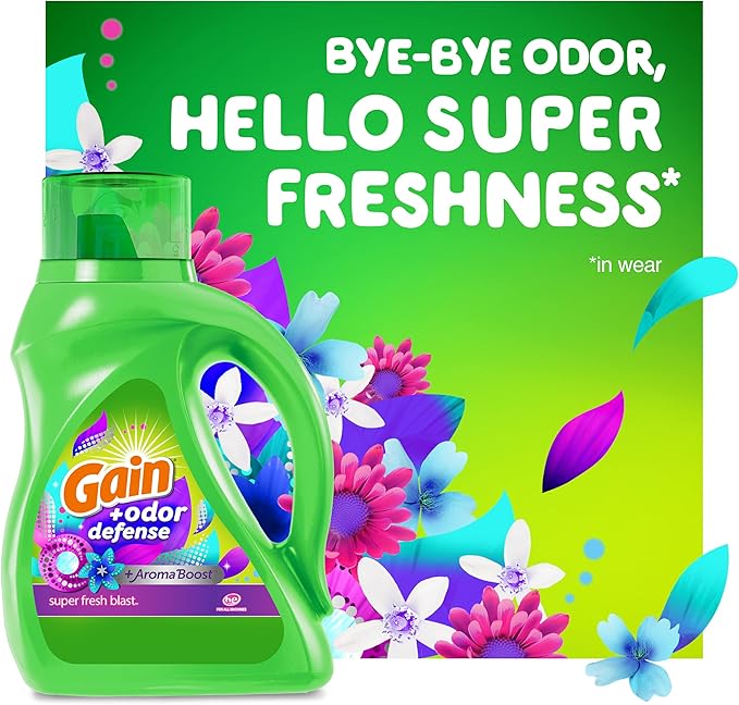 Gain + Odor Defense Liquid Laundry Detergent, Super Fresh Blast Scent, 88 Oz, 61 Loads, HE Compatible (Pack of 2)