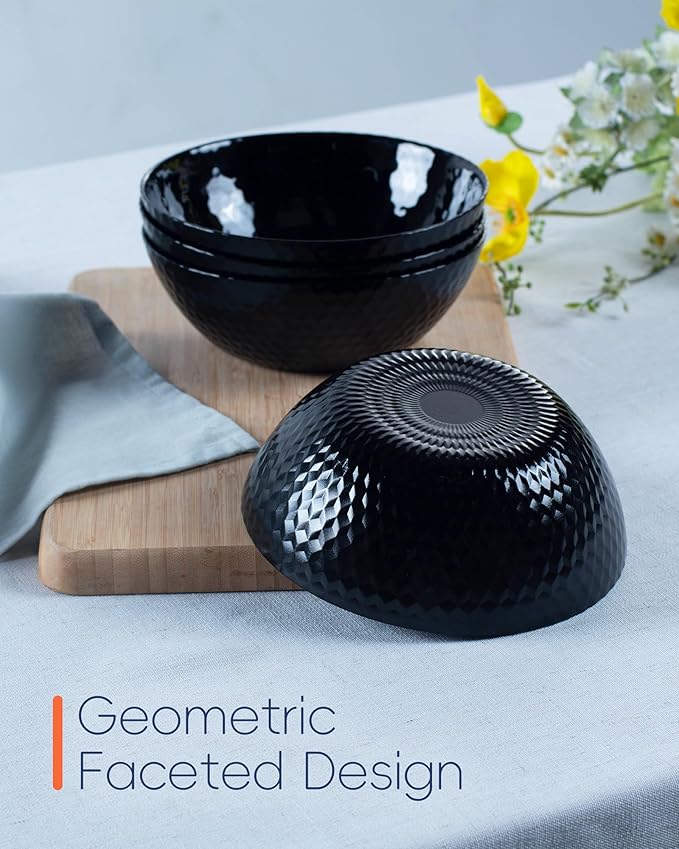 Dinnerware Sets for 4, Light & Durable 12 Pieces Opal Glass Plates and Bowls Set, Dishwasher and Microwave Safe Ribbed Dish Dinning Ware, Thin but Strong Geometric Faceted Black