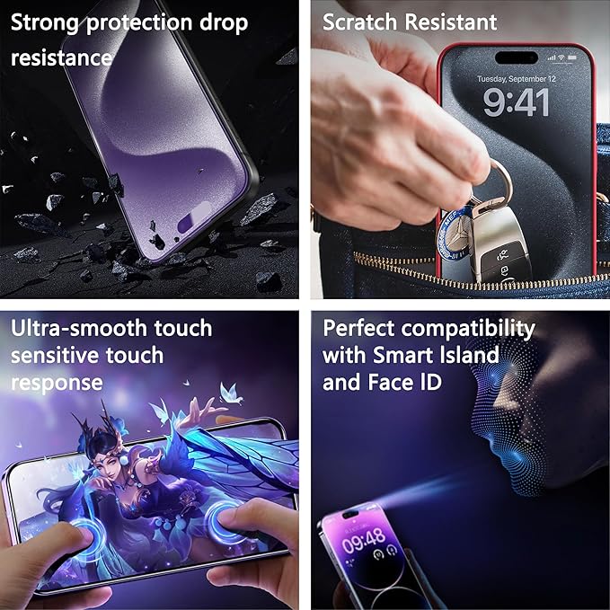 2 Pack Anti Blue Light Matte Screen Protector for iPhone 15 Pro, 9H Tempered Glass, Full Coverage, Anti-Fingerprint, Auto Dust-Elimination, No Bubble, Easy Installation