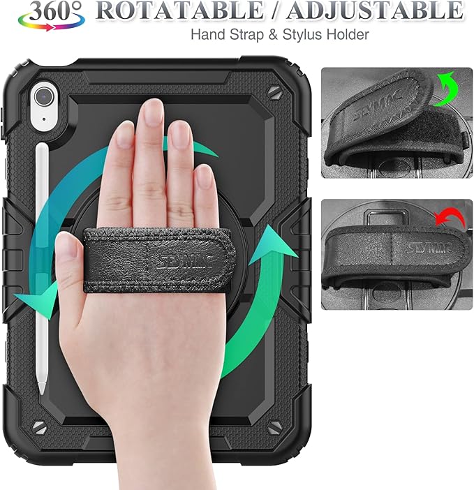SEYMAC stock Case for iPad (A16) 11th/10th Generation 11''/10.9'' 2025/2022, Full-Body Drop Protection Case with Screen Protector &360° Rotate Hand Strap/Stand, Black