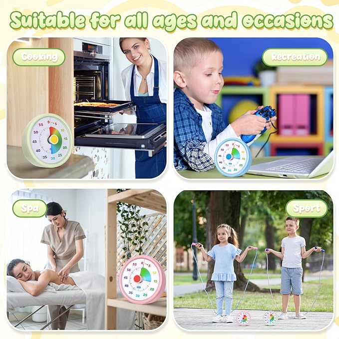 4 Pcs 60 Minute Visual Timer Colored Countdown Clock Time Management Tools with Silent Operation for Home School Supplies Study Office (Classic,Blue,Pink,Yellow,Green)