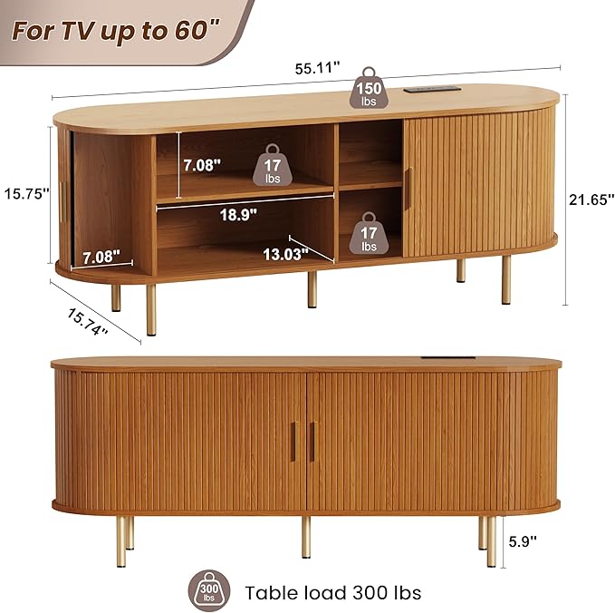 DHH 55 inch Tv Stand Cabinet with Storage,Fluted tv Console Entertainment Center with Storage Adjustable Shelves, Modern Vintage with Sliding Doors tv Stand for Living Room (Yellow Walnut, 55 Inch)