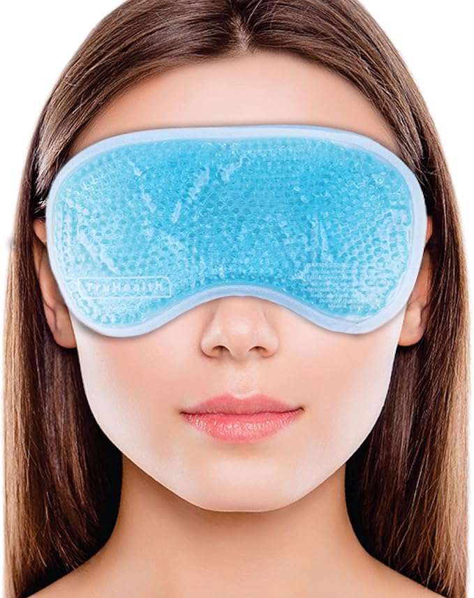 Hot & Cold Gel Bead Mask for Sinus Relief - 11 x 4.75-inch, Light Blue Beaded Design - Reusable Gel Eye Mask & Post-Surgery Ice Pack, Cold Compress for Dryness & Puffiness