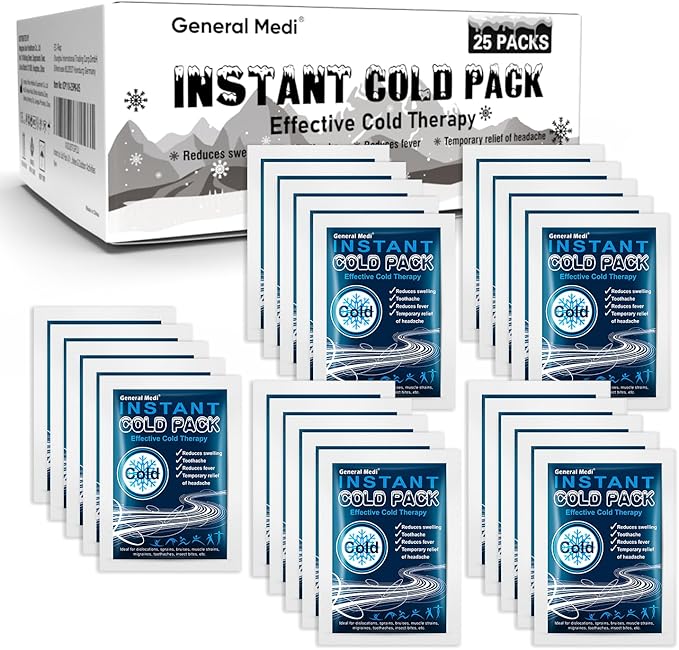 General Medi Instant Ice Cold Pack (4”x 5.5”) – 25 Packs Disposable Cold Therapy Ice Packs for Pain Relief, Swelling, Inflammation, Sprains, Toothache – for Athletes & Outdoor Activities
