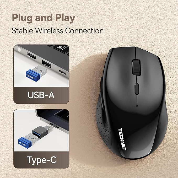 TECKNET Wireless Mouse Jiggler, USB-C Rechargeable Mouse, Silent Mouse Quiet Click, Build-in Mouse Mover, 6400 DPI Ergonomic Mouse, 2.4G Cordless Computer Mice for Mac, Laptop, Desktop, PC