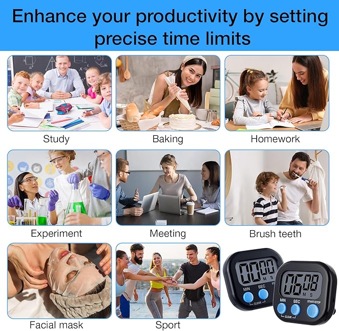 Leumoi 24 Pcs Digital Kitchen Timers Magnetic Back Timers Bulk Large Screen Loud Alarm On/Off Switch Minute Second Count up Countdown Memory Setting for Cooking Classroom Exercise(Black and Blue)